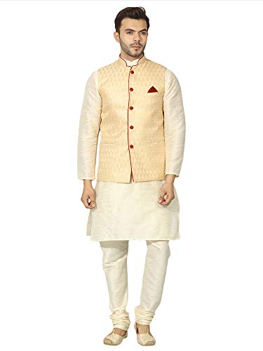 Image of Uri and MacKenzie Men's Silk Blend Regular Kurta Churidar Pyjama with Bundi Nehru Jacket /Waistcoat