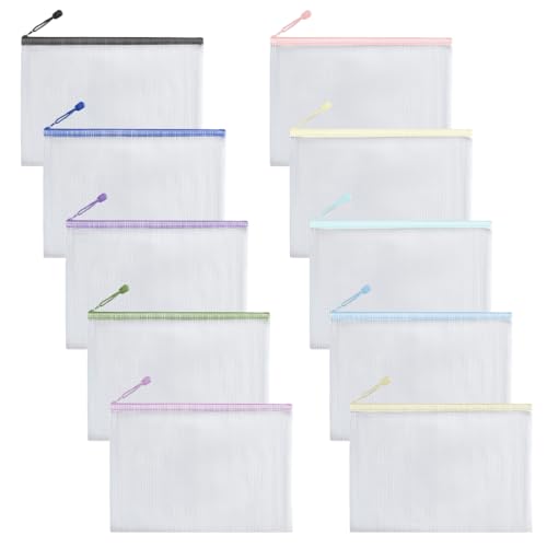 10 Pezzi Buste con Zip Borse di File A4, Sacchetto di Zip Buste Impermeabile, Clutch Bag, Mesh Sacchetto Documento...