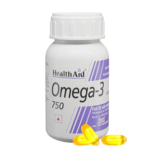 HealthAid Omega 3 750mg (EPA 425mg, DHA 325mg) -Pack Of 60 Capsul...