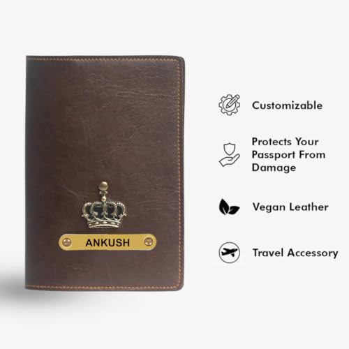 Image of ncgifts Customised Leather Passport Holder: Personalised Name & Charm for Men & Women - Unique Travel Gift, Document Organiser, Boarding Pass Holder, Customised Gifts for Men & Women (Brown)