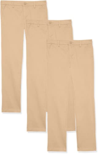 Amazon Essentials Girls School Uniform Straight Leg Adjustable Waist Flat-Front Chino Pants Pack of 3 Khaki Brown 8