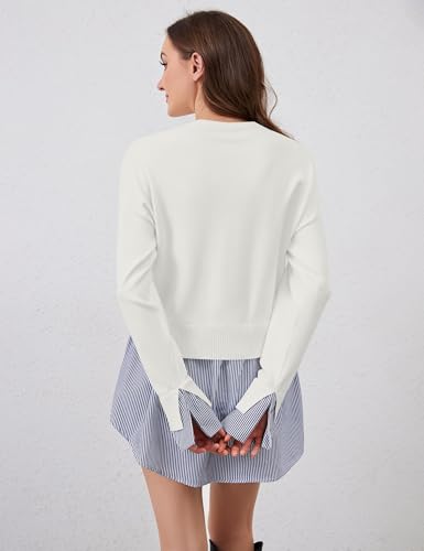 Women Side Split Crew Neck Pullover Sweater 2 in 1 Button Down Patchwork Knit Sweater Asymmetrical Hem Striped Shirt4