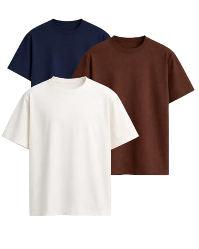 Image of VEL Plain 100% Heavy Cotton Oversized T-Shirt Baggy Fit Drop Shoulder Half Sleeves Round Neck Solid 100% Cotton T-Shirt for Men (Pack of 3)