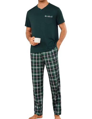 Leversic Mens Short Sleeve Pyjamas V-Neck T-Shirt Pjs Top and Long Plaid Sleep Pants Soft Comfortable Loungewear Set for Sleeping or Lounging at Home Green XL