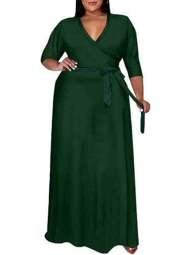 Image of SUZONANA Plus Size Maxi Dresses for Curcy Women Casual Loose 3 /4 Sleeve Long Dress with Belt
