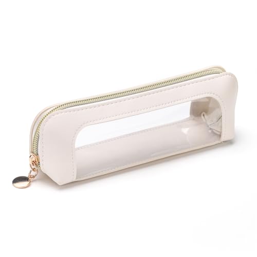 Sightor Bolsa de maquiagem transparente, estojo de pincel de maquiagem de couro PU pequena bolsa de maquiagem para viagem, bolsa organizadora de cosméticos portátil à prova d'água, Bege