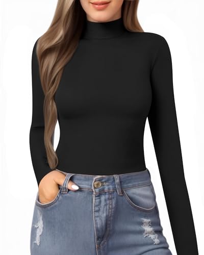 MANGOPOP Women's Mock Turtle Neck Slim Fit Long Half Elbow 3/4 Short Sleeve T Shirts Tight Tops Basic Tee
