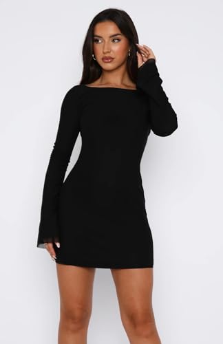 Women Long Sleeve Mini Dress Sexy Boat Neck Mesh Bell Sleeve Self Tie Back Sheer Backless Bodycon Y2k Short Dresses2