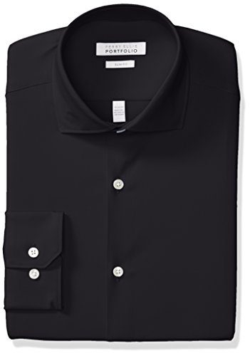 Perry Ellis Men's Non-Iron Tech Slim Fit Comfort Collar Dress Shirt, Black Solid, 15 32/33