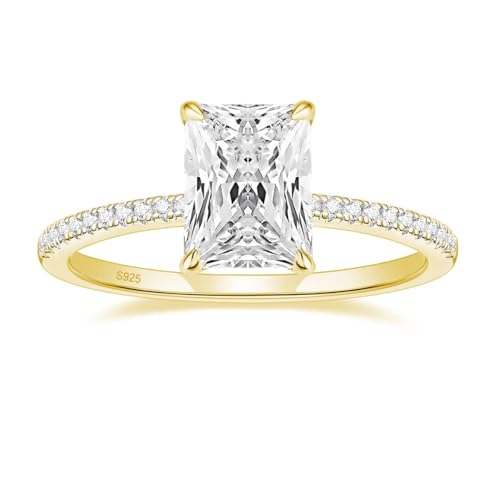 EAMTI 3CT 925 Sterling Silver 14K Gold Plated Engagement Rings Radiant Cut Solitaire Cubic Zirconia...