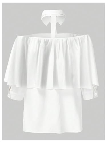 GORGLITTER Women's Off Shoulder Tops Collared Ruffle 3/4 Length Sleeve Button Down Trendy Blouse Shirt2