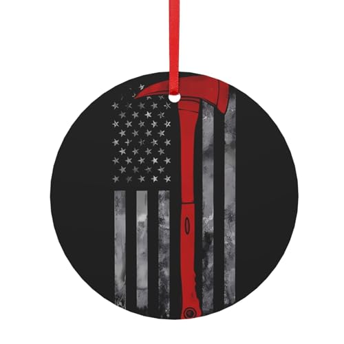 Aluminum 8cm Round Pendant - Firefighter Axe Red Line Flag Art Window Wall Hanging Kits for Home - Ideal for Winter Snow Christmas Theme