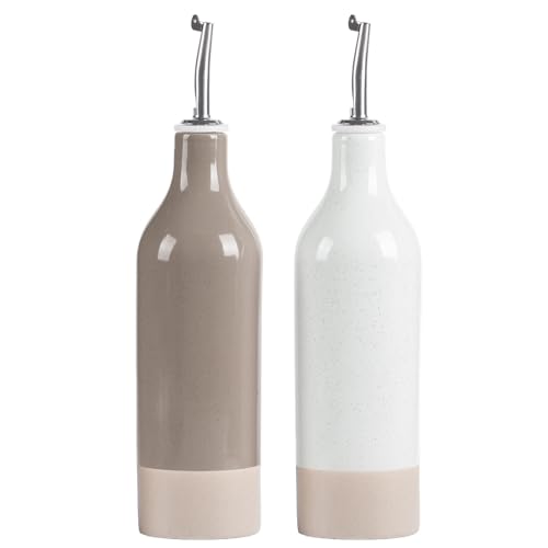 famiware Milkyway 16oz Ceramic Olive Oil Dispenser Bottle, Olive Oil and Vinegar Dispenser Bottle Set of 2 with Stainless Steel Pourers, Suitable for Storage Vinegar, Liquids, White and Cinnamon Brown