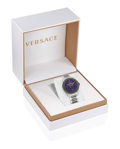 Versace Medusa Deco Collection Luxury Womens Watch Timepieces with a Two Tone Bracelet featuring a Gun Case and a Purple Dial4