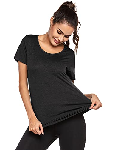 Foto von ADOME Workout-Tops für Damen, kurzärmelig, athletische Shirts, Yoga-Tops, Activewear-Outfits, Shirts, Fitness-Kleidung zum Wandern, Laufen, Schwarz, Schwarz, Klein