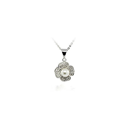 Collier trèfle à quatre feuilles en 18 KT or blanc RHODIUM argent avec zircon cubique et perle - En argent 925 Cover