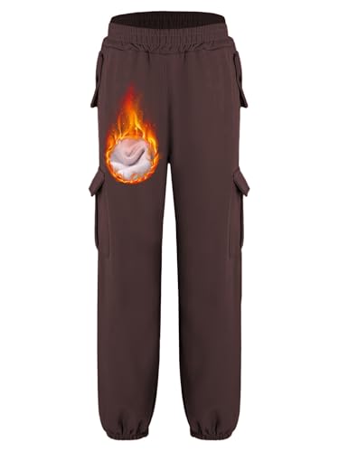 Girls Boys Fall Winter Warm Cargo Pants Kids Fleece-Lined Elastic Waist Joggers with Multi-Pockets