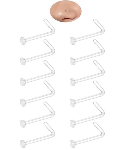 Accirrch Clear Nose Stud for Work Women and Men Set - 12Pcs 18G Bioflex Plastic L Shape Nose Rings Body Clear Piercing Retainer Flat Top Size 2mm for Sports Surgery Earring Lip Nose New Perforation