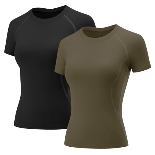 Rapbin T-shirt de sport à manches courtes pour femme - Séchage rapide - Respirant, Lot de 2 - Noir et vert militaire - Manches courtes, M