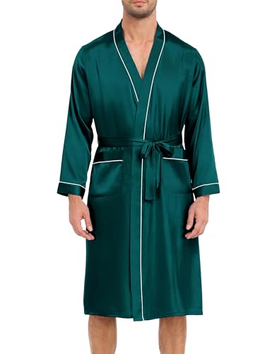 Lovasy Mens Silk Dressing Gown Lightweight Satin Robe for Men Summer Kimono Dressing Gown Long Sleeve Bathrobe Soft Spa Silky Robes with Belt and Pockets Loungewear Nightwear,Green,L