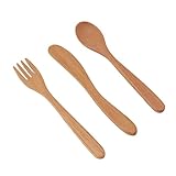 Kikumi Juego de Cubiertos de Madera de 3 Piezas, Cuchara, Palillos, Tenedor, Vajilla, Estilo Japonés, Grueso, Resistente, de Haya, Alisado, Cuchara de Madera, Tenedor con Cuchillo para la Cocina
