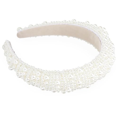 KIUEZIR Wide Faux Pearl Headband - Pearl-Embellished Design with Velvet-Lined Non-Slip, Stretchable Bridal Hair Accessories for Women, Beaded Hair Hoops for Wedding, Party, Everyday Hairstyles