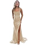 BOLENSYE Sequin Prom Dresses Sheath Slit Sparkly Tie Back Formal Dress Long Evening Gowns Champagne Size12