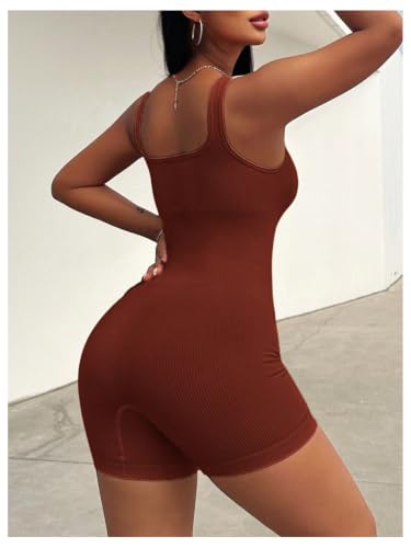 Image of WDIRARA Women's Workout Romper Gym Yoga Unitard Square Neck One Piece Shorts Jumpsuit