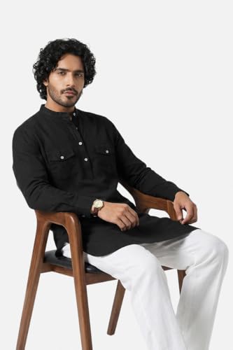 Image of SNITCH Men Casual Kurta Shirt | Regular Fit Full Sleeve Mandarin Collar Solid Pattern | Premium Cotton Linen Blend & Breathable Fabric for Festive Season & Holiday Wear