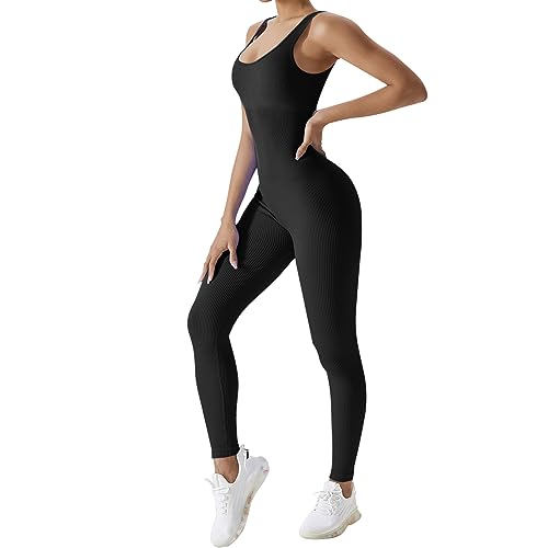 Jetjoy Damen Sport Jumpsuit Lang Yoga Armellos Workout Bodysuit Einteiler Ganzkörperanzug Jumpsuit eng Eckigem Ausschnitt Gerippte Jumpsuits Sportanzug Einteiliger