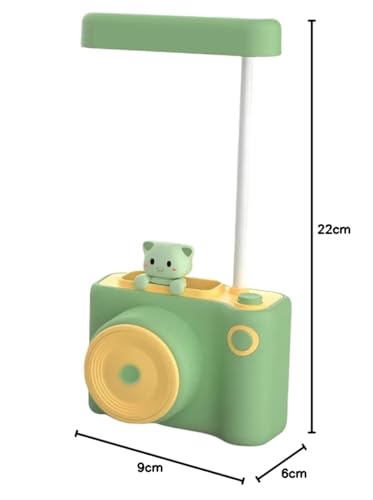 Image of Kiditos Small Study Desk LED Lamp Rechargeable, 360 Flexible Gooseneck With Pen Holder, Pencil Sharpener, Table for Girls Boys Room (Camera), Green