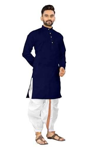 Image of UNIQUE MOMENTS Men's Cotton Dhoti Kurta Set with Full Sleeves Solid Pattern Modern Style and Mandarin Collar Neck | Perfect for Puja & Celebrations