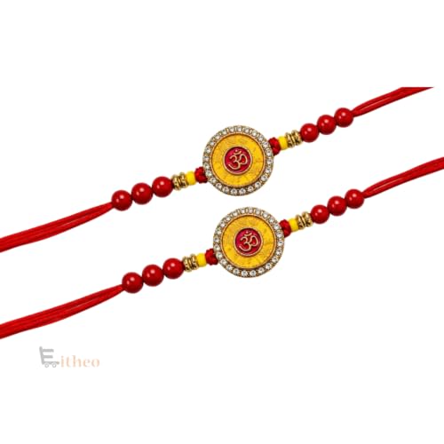 Image of EITHEO OM Symbol Rakhi for Brother, Handmade Raksha Bandhan Thread with Crystal Border, Decorative Red Beads, Adjustable Fit, Roli Chawal, Chandan & Mishri (Pack of 2)
