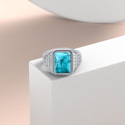 Turquoise Rings for Men 925 Sterling Silver Western Vintage Genuine Square Turquoise Gemstone Ring Jewelry Gifts for Birthday Father's Day Size 7 to 142