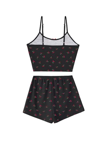 Image of Hilinker Women's 2 Piece Fruit Pajama Set Ribbed Cami Top and Shorts Sleepwear Summer Cute Pjs Black Red Cherry B Medium