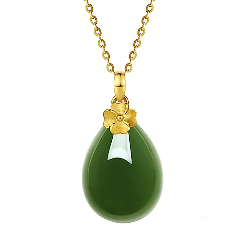 24K Gold Pendant for Women Green Jade Teardrop Pendants Dainty Natural Gemstone Drop Charms Good Luck Jewelry Healing Hetian Jadeite Charm Simple Trendy Fortune Gifts for Men Mom(Not Include Necklace)