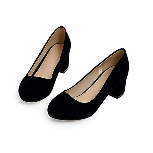 MIOKE Women's Round Toe Chunky Mid Block Heel Dress Pumps Suede Comfort Slip-On Casual Work Office Shoes3