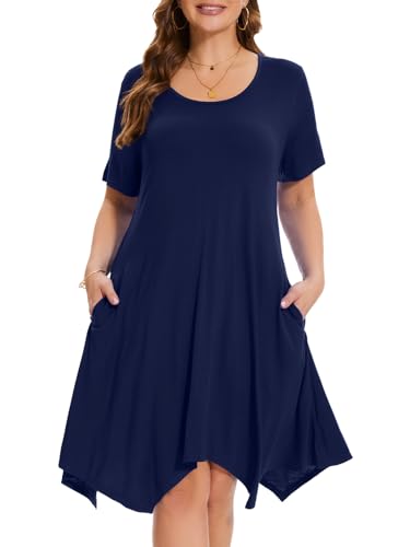 Image of ZENNILO Plus Size Tshirt Dress with Pockets Casual Summer Dresses Crew Neck Short Sleeve Swing Dress for Women