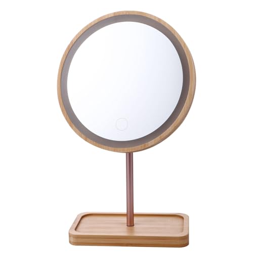 Healeved Espejo de Maquillaje con Luz LED Beige, Base Estable y Alta Definición, de Madera y Vidrio para Maquillaje Diario y Obsequio Elegante