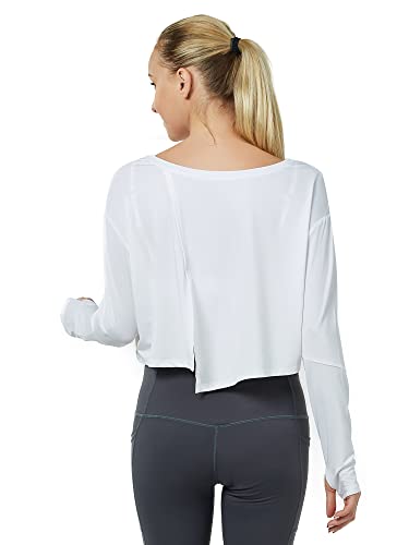 Gramval Women's Workout Cropped Long Sleeve T Shirts, Running Crew Neck Shirt With Thumb Hole Dri Fit White S #TOP1