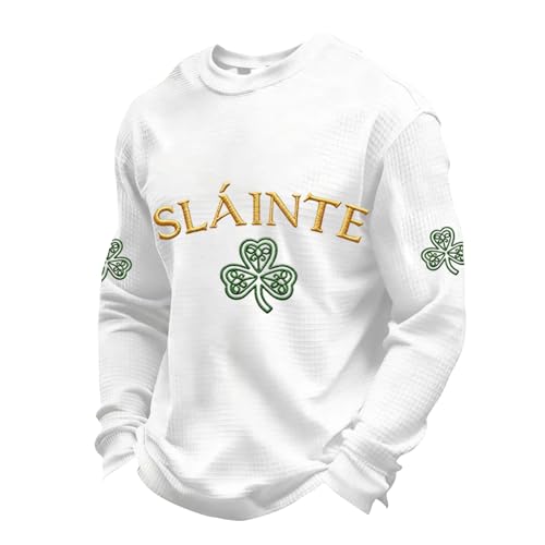 HUEAHDOU Saint Patrick Day Shirts For Men,St Patricks Day Shirt Men Waffle Long Sleeve Shamrock Irish Saint Pattys Tops Plus Size Crewneck Casual Sweatshirts(3X-Large,White)