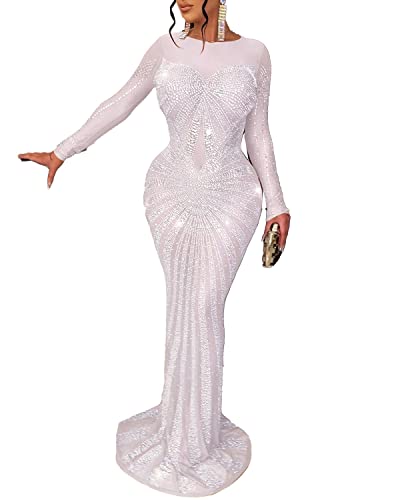 PORRCEY Sexy Elegant Rhinestone Dress for Women Mesh See Through Bodycon Birthday Cocktail Party Club Night Evening Gowns