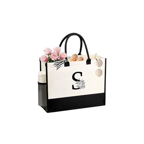 Image of Personalized Name Tote Bag for Women, Birthday Best Friend Bridesmaid Gifts for Women Canvas Initial Tote Bags