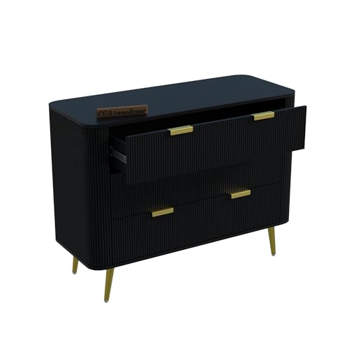 Image of Wooden Chest of Drawers | 3 Drawers Dresser Console Cabinet for Bedroom, Living Room, Drawing Room & Office | Multipurpose Storage Sideboard | HDMR Premium Wood & Iron, Black