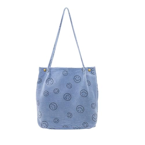 ICOCCI Womens Corduroy Tote Bag (Smiley Face Blue Large) - Spacious Fashionable Shoulder Handbag with Inner Pocket for Travel Beach Shopping Work