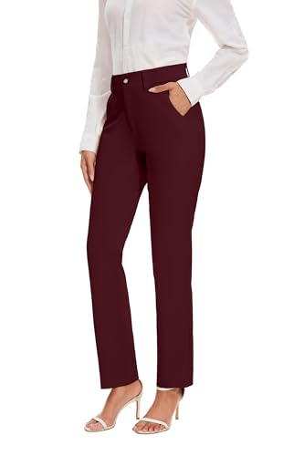 Women's Stretch Business Straight Leg Dress Pants with Pockets Wear to Work Casual Suitpants
