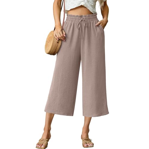 FREEOAK Womens Summer Capris High Waist Wide Leg Palazzo Linen Pants with Pockets Flowy Casual Cropped Beach Pants for Spring Break Khaki Size Medium