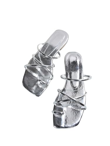 Image of GORGLITTER Women's Metallic Strappy Sparkly Square Toe Cute Dressy Sandals | Sandals Women Comfortable, Dressy Sandals, Slip on Slides, Rose Gold Slipper, Summer Slides