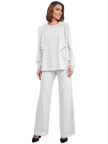 3 Pieces Mother of The Bride Pant Suits for Wedding Long Sleeve Chiffon Formal Outfits for Women 2025 with Jackets
