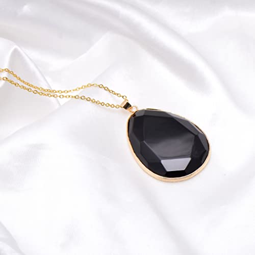 Paialco Faceted Cut Black Onyx Obsidian Crystal Big Flat Drop Pendant Necklace, Yellow Gold Tone3